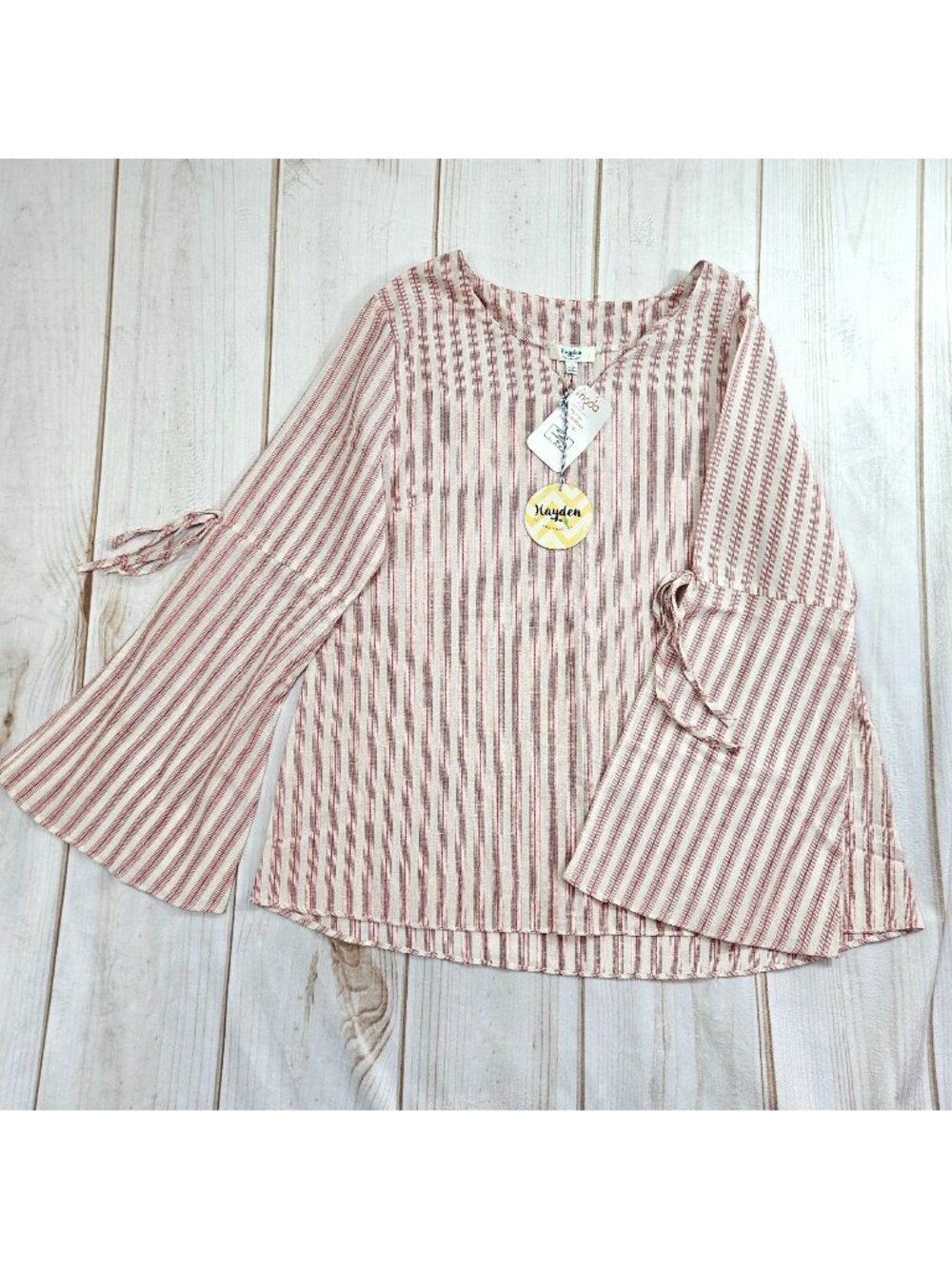 Womens Blouse Striped Shirt Size L Boho Peasant Coastal Nautical Linen Cotton